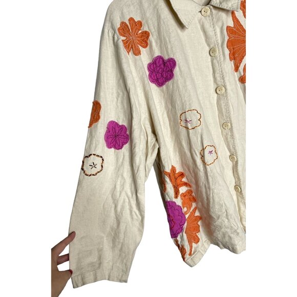 Hearts of Palm Womans 24 Embroidered LINEN Button Up Long Sleeve Shirt Tan Pink - Picture 5 of 8